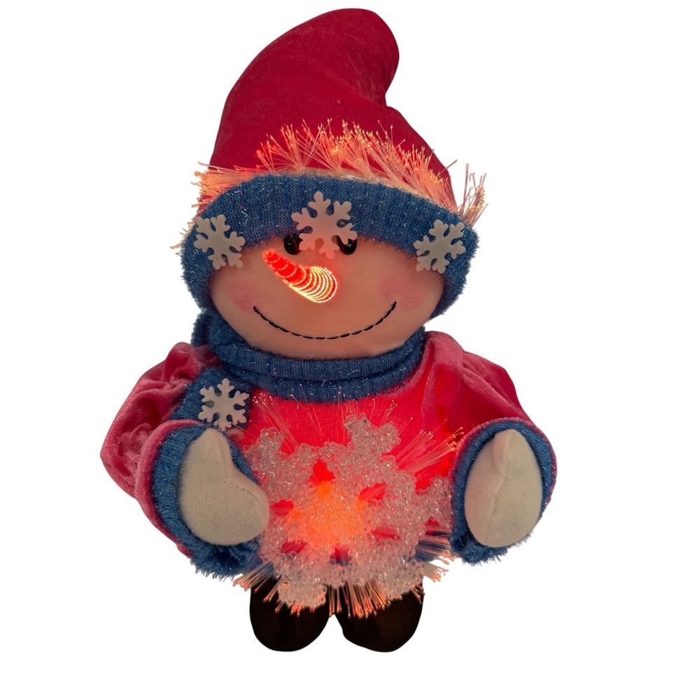 Fiber Optic Snowman Plush Light Up Christmas Decor Pink Blue Snowflake 10 Inch